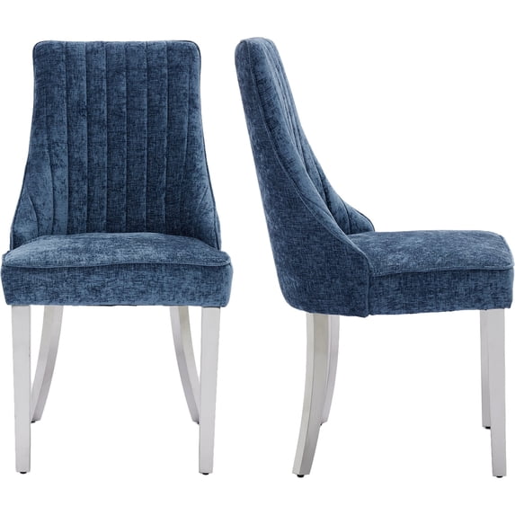 Navy Mid Century Dining Chairs Set of 2, Modern Kitchen & Dining Room Chairs Set of 2, Chenille Fabric Upholstered Kitchen Chairs for Dining Table, Sillas de Comedor, Silver Legs (Blue, 2 Pcs)