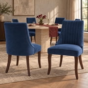 Navy Mid Century Dining Chairs Set of 6, Modern Kitchen & Dining Room Chairs Set of 6, Linen Upholstered Kitchen Chairs for Dining Table, Sillas de Comedor, Wood Legs Blue, 6 Pcs