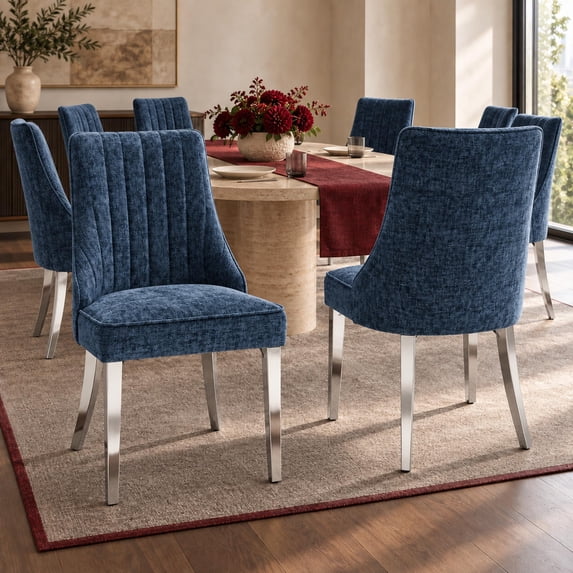 Navy Mid Century Dining Chairs Set of 8, Modern Kitchen & Dining Room Chairs Set of 8, Chenille Fabric Upholstered Kitchen Chairs for Dining Table, Sillas de Comedor, Silver Legs (Blue, 8 Pcs)