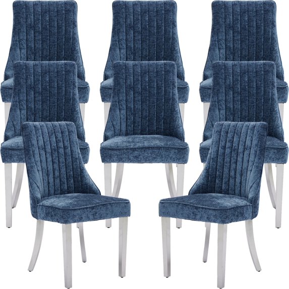 Navy Mid Century Dining Chairs Set of 8, Modern Kitchen & Dining Room Chairs Set of 8, Chenille Fabric Upholstered Kitchen Chairs for Dining Table, Sillas de Comedor, Silver Legs (Blue, 8 Pcs)