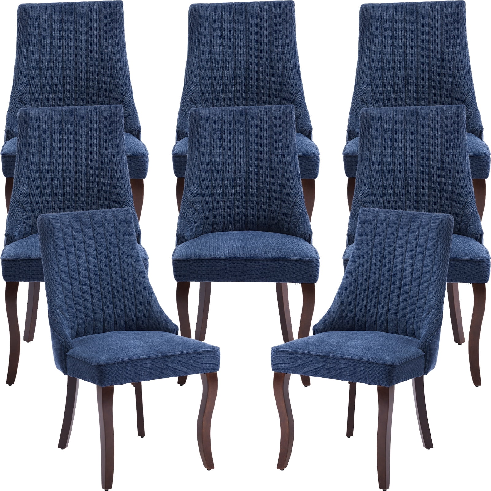 Navy Mid Century Dining Chairs Set of 8, Modern Kitchen & Dining Room Chairs Set of 8, Linen Upholstered Kitchen Chairs, Sillas de Comedor, Wood Legs (Blue, 8 Pcs)