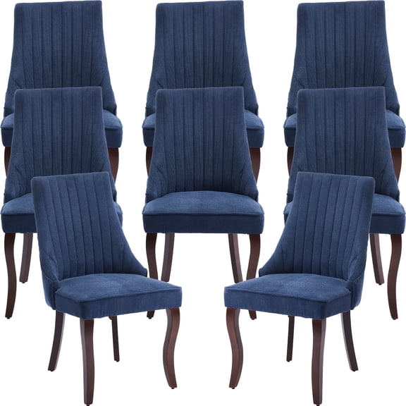 Navy Mid Century Dining Chairs Set of 8, Modern Kitchen & Dining Room Chairs Set of 8, Linen Upholstered Kitchen Chairs, Sillas de Comedor, Wood Legs (Blue, 8 Pcs)