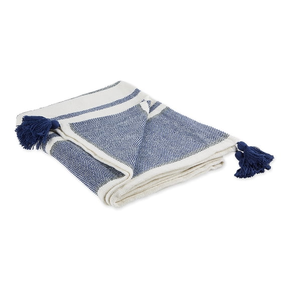 60" Blue and White Rectangular Chevron Patterned Stripe Cotton Throw