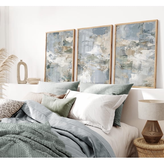 Navy Mint Green Gray Prints Set Of 3, Abstract Minimalist Wall Art