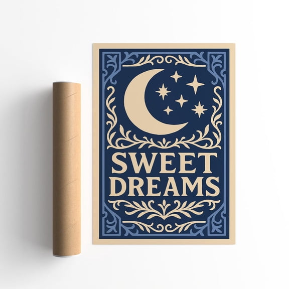 Navy Moon Stars Celestial Decor Sweet Dreams Quote Unframed Paper Print