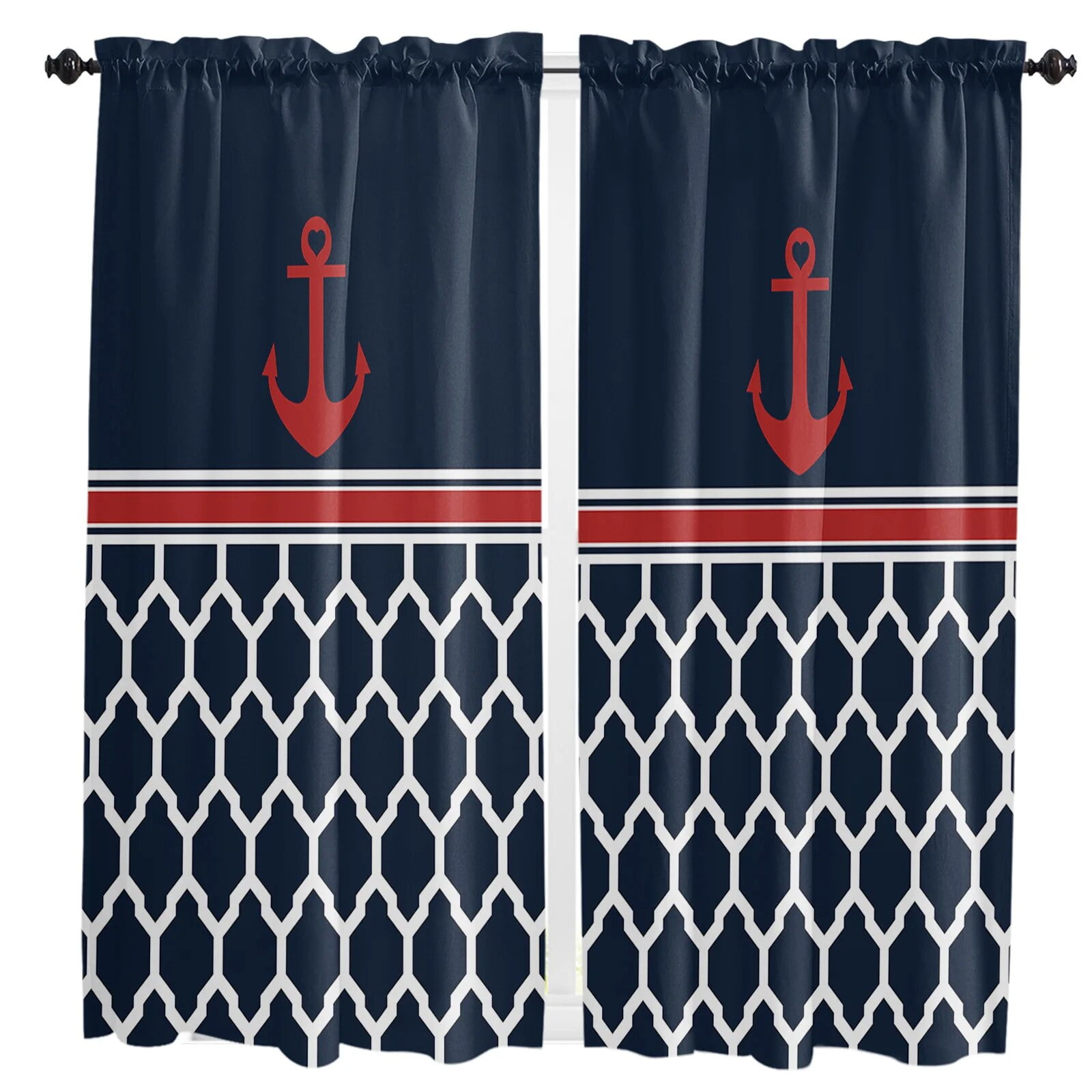 Navy Moroccan Texture Anchor Simple Summer Rod Pocket Short Curtain HalfCurtain For Home