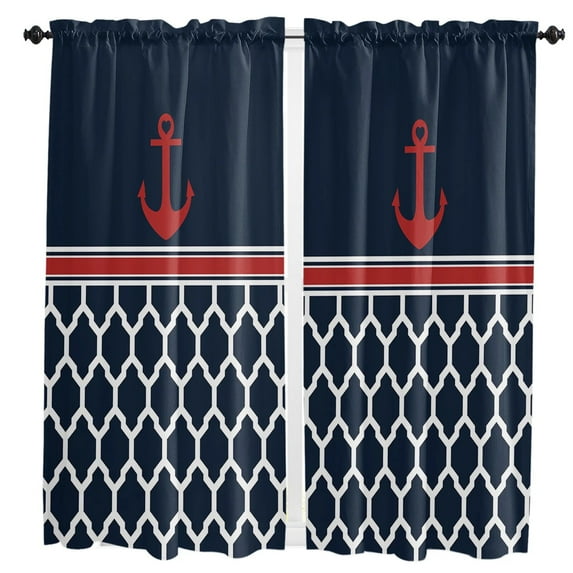 Navy Moroccan Texture Anchor Simple Summer Rod Pocket Short Curtain Half-Curtain For Home Kitchen Door Drape Cafe Small Window