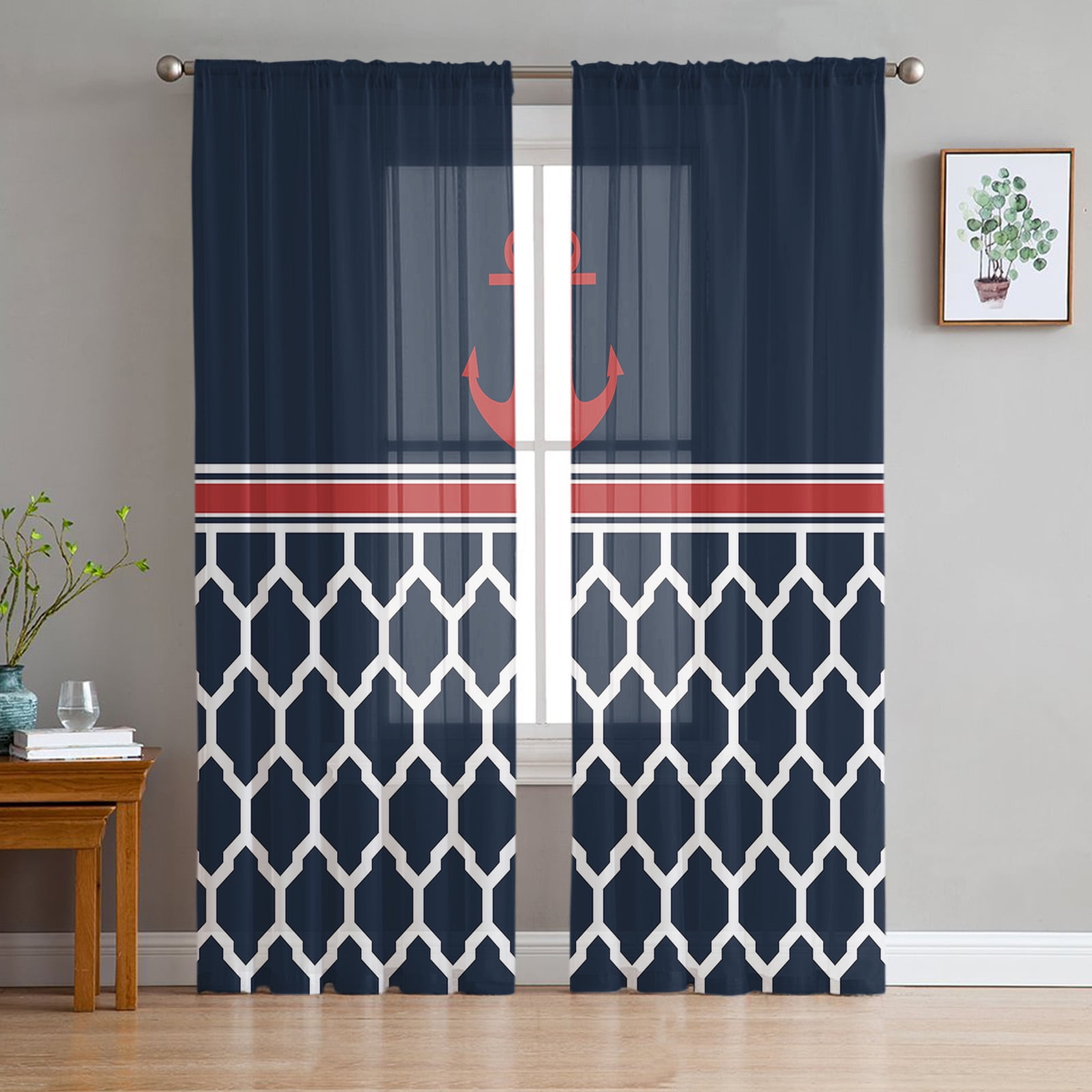 Navy Moroccan Texture Anchor Summer Sheer Curtains For Living Room