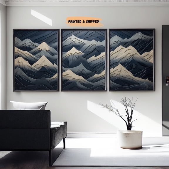 Navy Mountain Wood Panel Wall Art Set 3 Unframed Paper Print 8x12