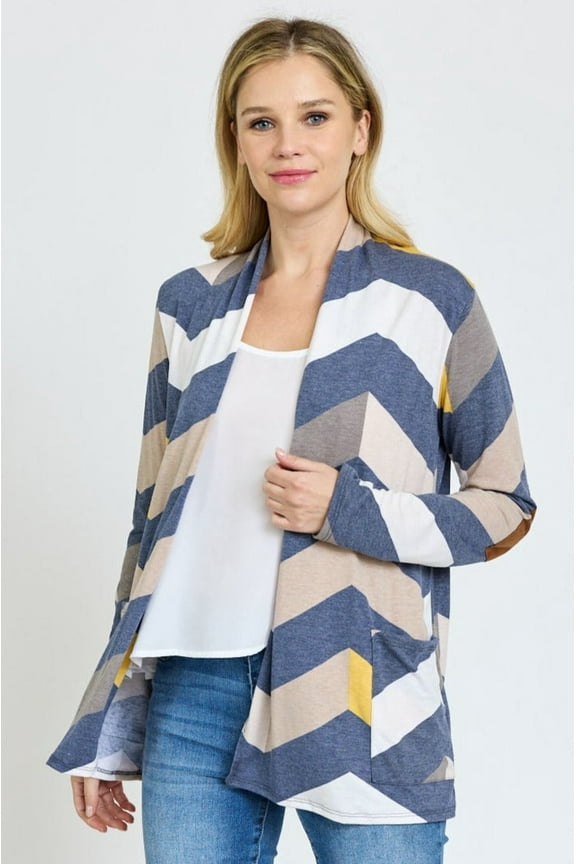 Navy Mustard Chevron Elbow Patch Cardigan with Pockets | S-XL