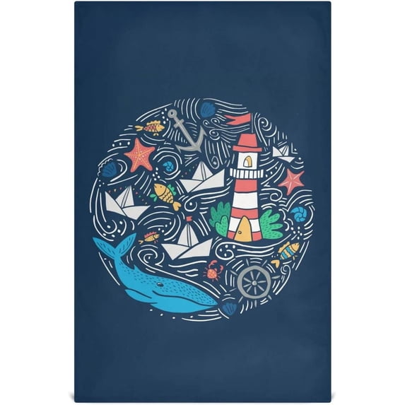 Navy Nautical Elements Tea Towels 4 Pack Light House Sea Animals Kitchen Dish Cloth with Hanging Loop, 18"x28" Lint-Free Absorbent Towel for Kitchen Drying Wiping and Cleaning