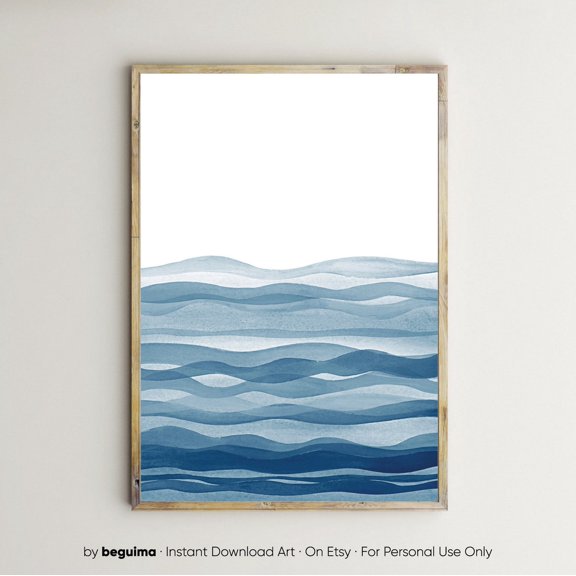Navy Ocean Wave Print, Modern Abstract Wall Art