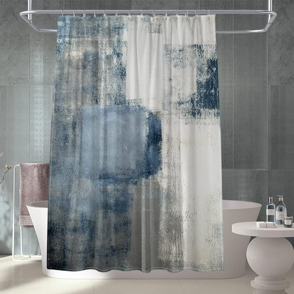 Navy Ombre Shower Curtain Set, Navy Blue Grey Shower Curtain, Abstract Rustic Fabric Shower Curtain for Bathroom Decor, Taupe Grunge Style Shower Curtain, Paint Brush Decor, 72 x 72