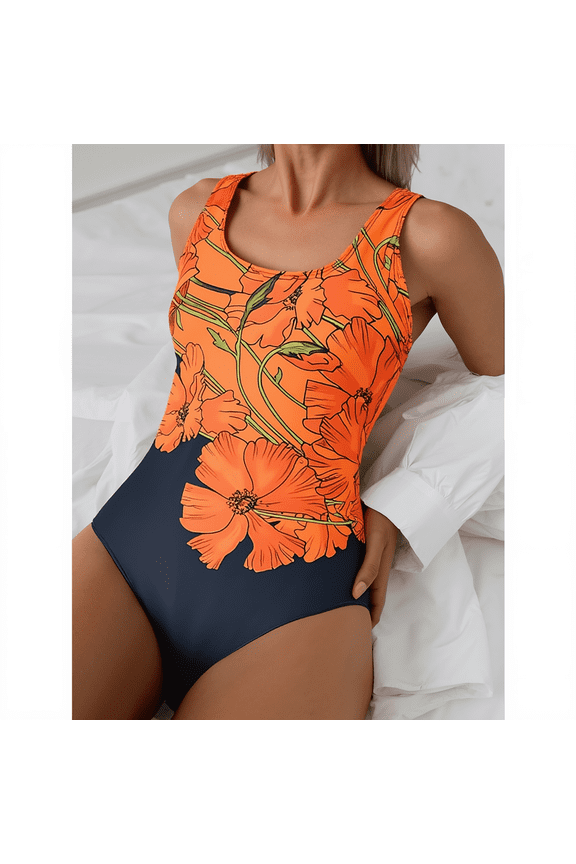 Navy Orange Poppy Color Block One Piece Swimsuit, Wide Strap Scoop Neck High Cut Leg Modest Resort Swim Sizes