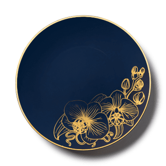 Navy Orchid w/ Gold Floral Collection 10" Banquet / Dinner Plastic Plates 120ct.