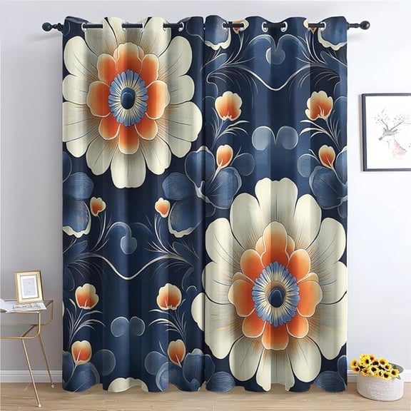 Navy Oriental Floral Blackout Curtains, Orange Bloom Patterned Curtains For Bedroom, Living Room Decor, Room Darkening Thermal Insulated Grommet Drapes 42"W x 96"L (Pack of 2)