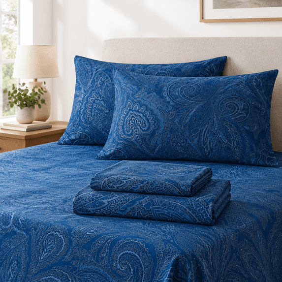 Navy Paisley Queen Size 4-Piece Bed Sheet Set with 16 Inch Deep Pockets ...