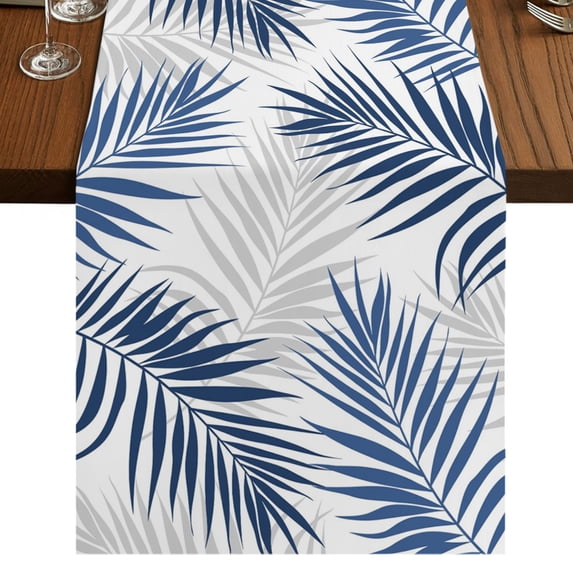 Navy Palm Leaves Burlap Cotton Table Runner 13x70 Inches Long, Summer Tropical Botanical Leaf Gray Farmhouse Table Runners, Outdoor Dining Tablecloths Decor for Baby Shower/Party/Wedding