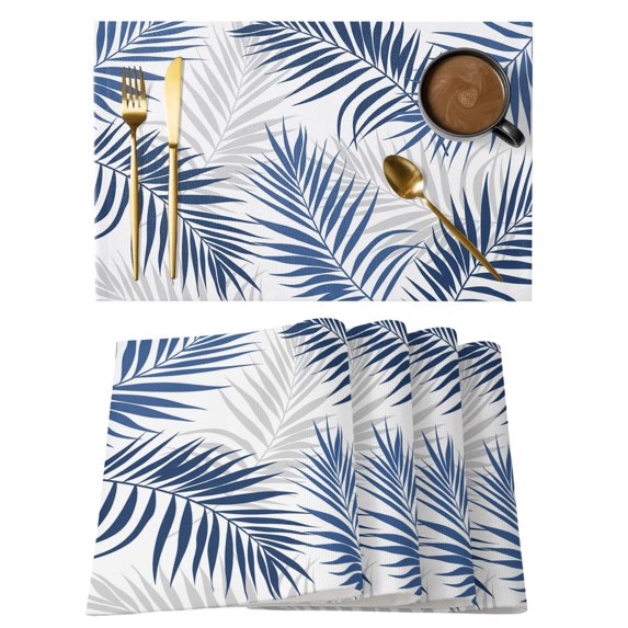 Navy Palm Leaves Placemats Set of 6 Summer Tropical Botanical Leaf Gray Place Mats Indoor Wipeable Table Mats Washable Cloth Dining Table Placemats for Kitchen Holiday Party Home Decor 13x19 Inch