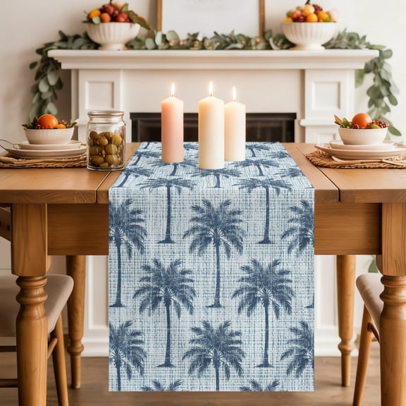 Navy Palm Tree Dining Table Runner, Country Linen Texture Tropical Plant Coastal Washable Table Runners Kitchen Coffee Table Center Decor for Home Party Holiday Wedding 13 x 36 Inches