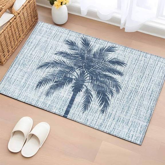 Navy Palm Tree Entryway Rug 2'x3' Country Linen Texture Tropical Plant Vintage Small Area Rug Non-Slip Front Door Mat Washable Floor Carpet for Indoor Entrance Kitchen Bathroom