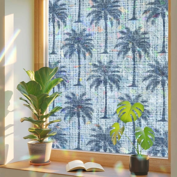 Navy Palm Tree Window Privacy Film, Country Linen Texture Tropical Plant Coastal Stained Glass Rainbow Film Decorative Window Clings, Static Cling Sun Blocking Stickers 29.5" x 118"