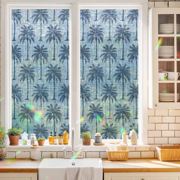 Navy Palm Tree Window Privacy Film Country Linen Texture Tropical Plant Coastal Static Cling Stained Glass Window Film Non-Adhesive Decorative Decals Rainbow Sticker 17.7"X39.3"