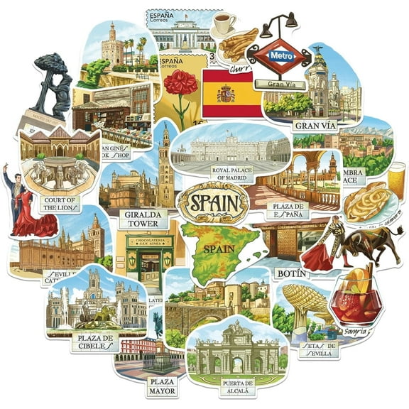 Navy Peony Central-Southern Spain Travel Stickers (28pcs) - Waterproof Decals for Scrapbooks