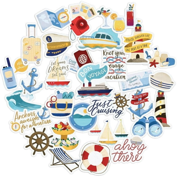 Navy Peony Cruise Travel Stickers (30pcs) - Waterproof Decals for Scrapbooks, Journals