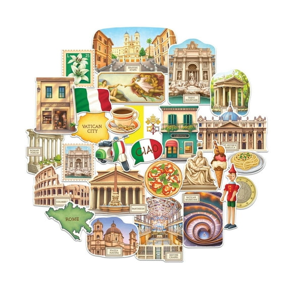 Navy Peony Historical Rome Travel Stickers (28pcs) - Waterproof Decals For Italian Scrapbooks, Journals