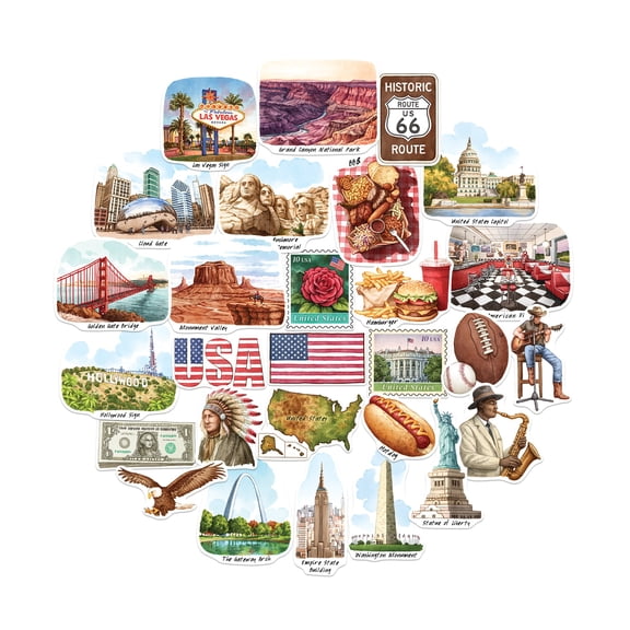 Navy Peony Iconic USA Travel Stickers (28pcs) - For Journals, Scrapbooks, Luggage