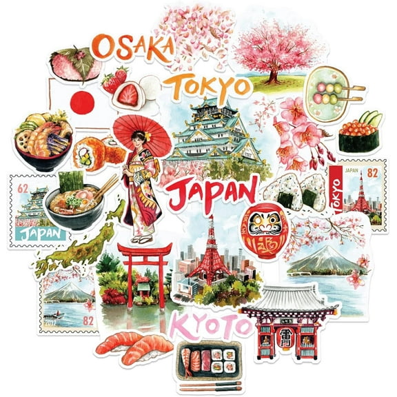Navy Peony Imperial Japan Travel Stickers (25 Pieces) - Waterproof Decals for Scrapbooks