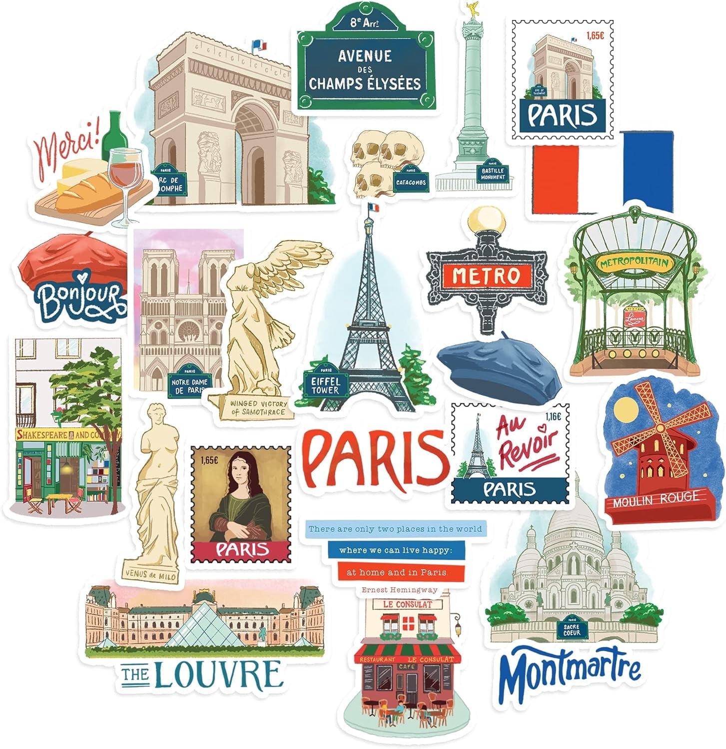 Navy Peony Passionate Paris City Travel Stickers (25 Pieces) - Gouache ...