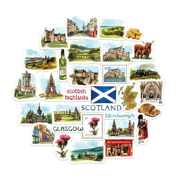 Navy Peony Scotland Travel Stickers (31pcs) - Watercolor, Waterproof, Scottish