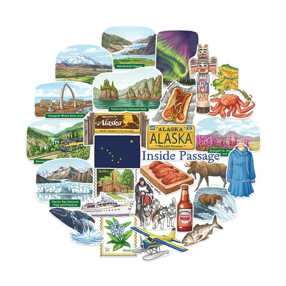 Navy Peony Wilderness Alaska State Travel Stickers (28 pcs) - For Scrapbooking, Journals