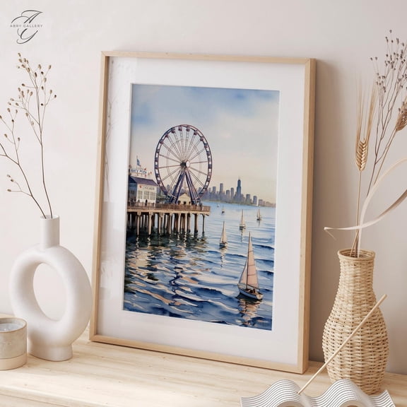 Navy Pier Chicago Art Poster: Ferris Wheel Seascape, Unframed Poster Size 8x12