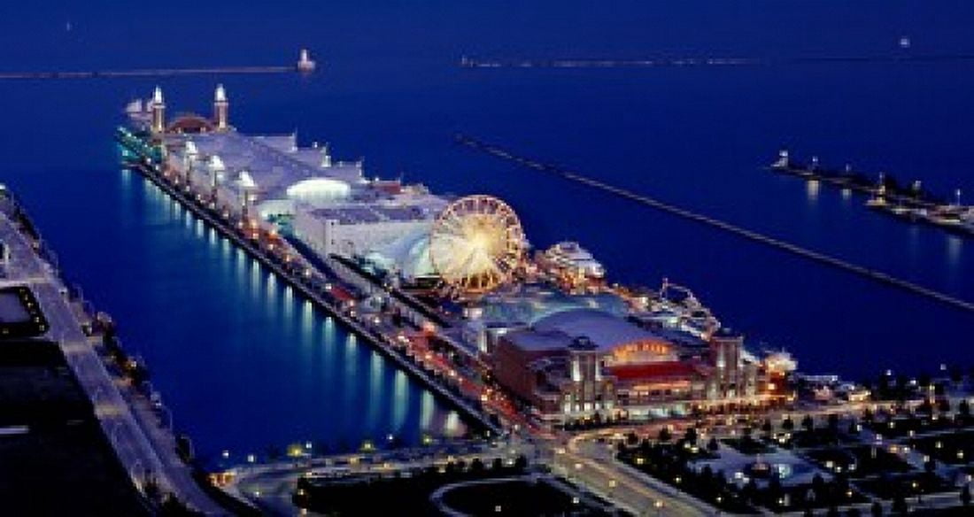 Navy Pier lit up at dusk Lake Michigan Chicago Cook County Illinois USA Canvas Art - Panoramic Images (24 x 12)