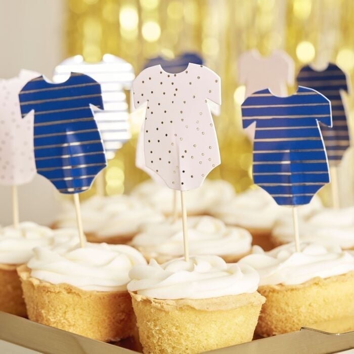 GINGER RAY Navy & Pink Baby Onesie Cupcake Toppers for Gender Reveal or Baby Shower Party Decor