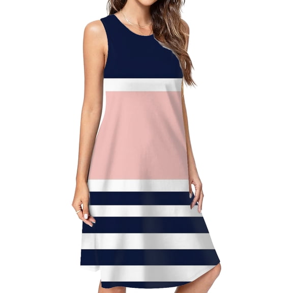 Navy Pink Stripes Simple Design Dress Loose Women'S Dress Beach Dresses With Pockets Dresses For Womens
