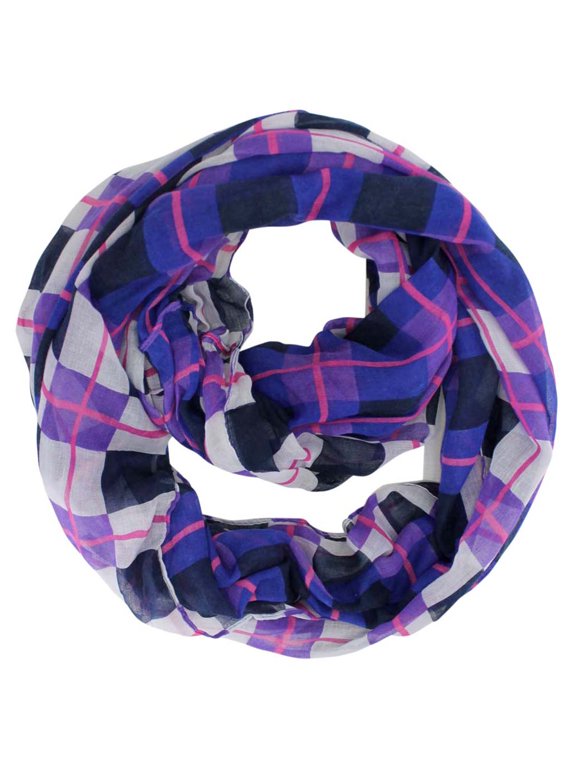 Navy Pink White Plaid Print Infinity Scarf