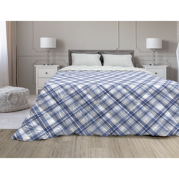 Navy Plaid Down Alternative Comforter, Abstract Diagonal Lines Overlapped Squares Illustration, Microfiber Quilt for All Season, 5 Sizes, Sky Blue Sky Blue, by Ambesonne