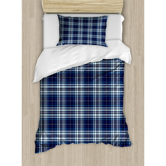 Navy Plaid Duvet Cover Set, Abstract Lines Overlapped Geometric Motifs Illustration, Decorative 2 Piece Bedding Set with 1 Pillow Shams, Twin Size, Sea Blue Pale Blue, by Ambesonne
