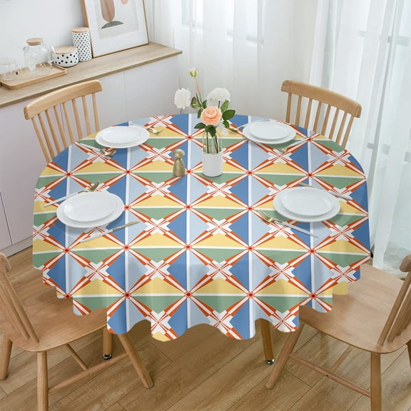 Navy Plaid Ethnic Blue Purple Geometric Waterproof Tablecloth Wedding Home Kitchen Dining Room Table Decor Round Table Cover