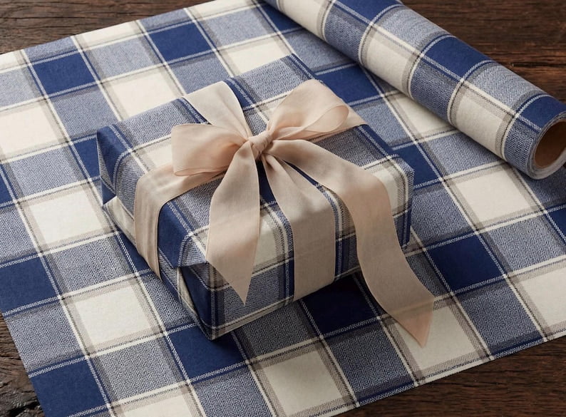 Navy Plaid Gift Wrap Old Money Wrapping Paper Luxury Blue Cream ...