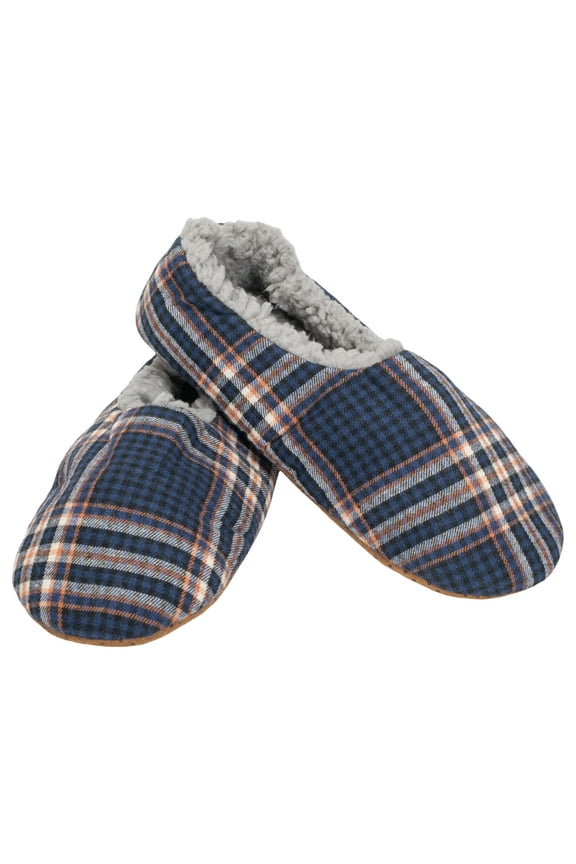 Navy Plaid Mens Plush Lined Cozy Non Slip Indoor Soft Slippers - Medium