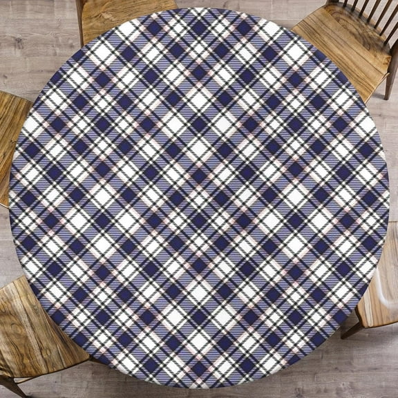 Navy Plaid Round Fitted Tablecloth with Elastic Edge, Gingham Vintage Waterproof Table Cover, Indoor Outdoor Table Cloth for Kitchen Dinner, Outdoor, Picnic, 45''''-52''''