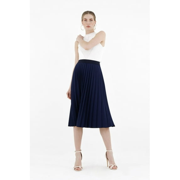 Navy Pleated Skirt High Waist Elastic Waist Band Midi Skirt
