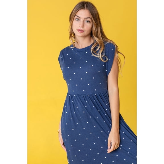 Navy Polka Dot Folded Cap Sleeve Maxi Dress with Pocket