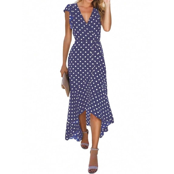 Navy Polka Dot V-Neck Wrap High-Low Maxi Dress For Women