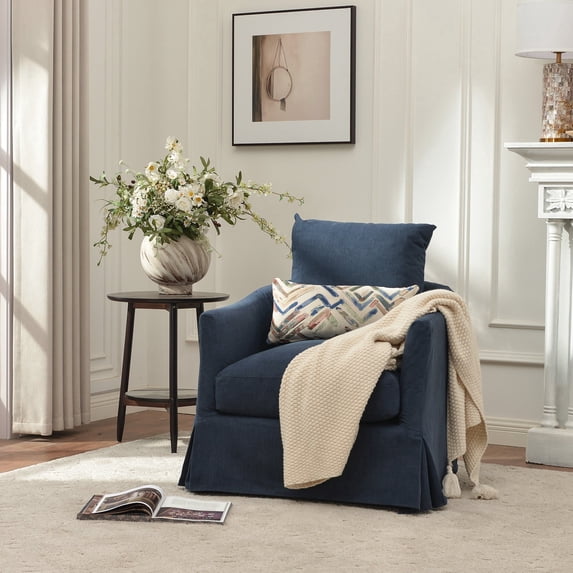 Navy Polyester Upholstered Swivel Barrel Armchair with Removable Washable Slipcover for Living Room, Bedroom, Feather Blend Cushion, Solid Wood Frame, Pillow Back, Fully Assembled